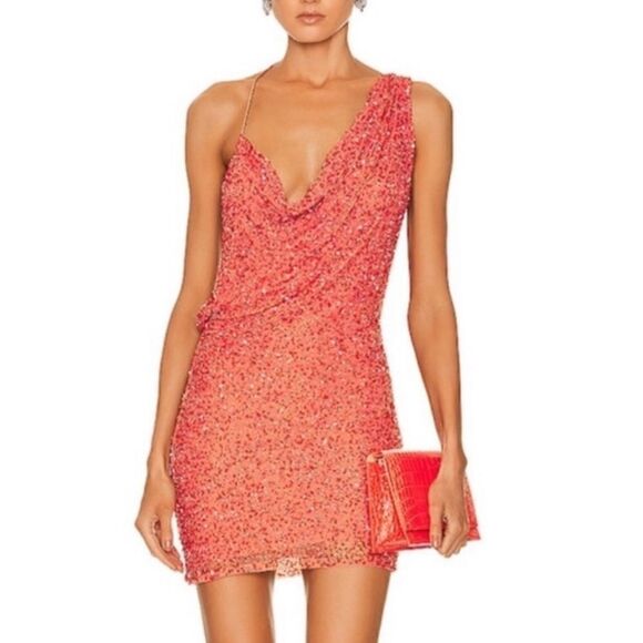Retrofete Dresses & Skirts - NWT Retrofete Esme Embellished Sequin Draped Mini Dress in Calypso Coral XL